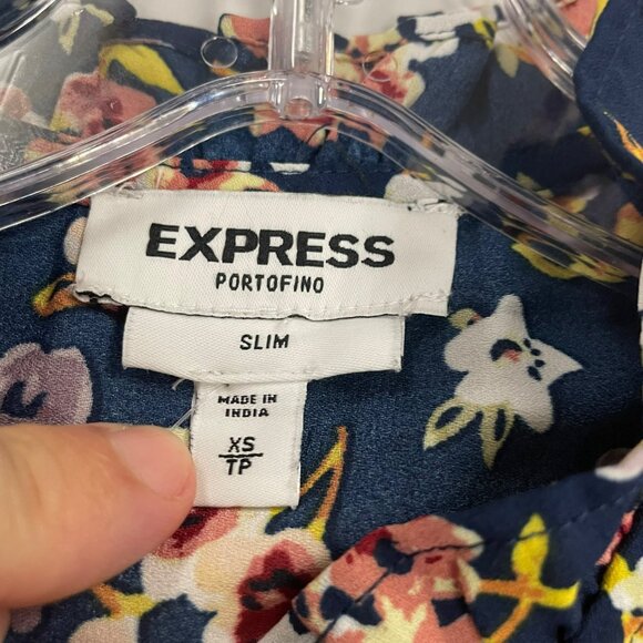 Express Womens Floral Portofino Button Up Top Slim Fit Blue/Multi XS - Picture 8 of 9